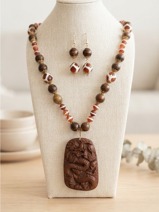 Jewelry - Handmade Banded Agate, Wood and Gold Tone set with Carved Dragon Pendant in Wood